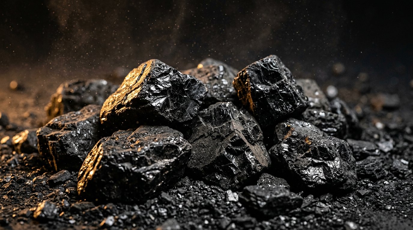 Photorealistic close-up of glossy black coal chunks