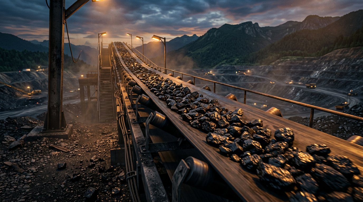 Conveyor carrying coal through a mountain mine at dusk