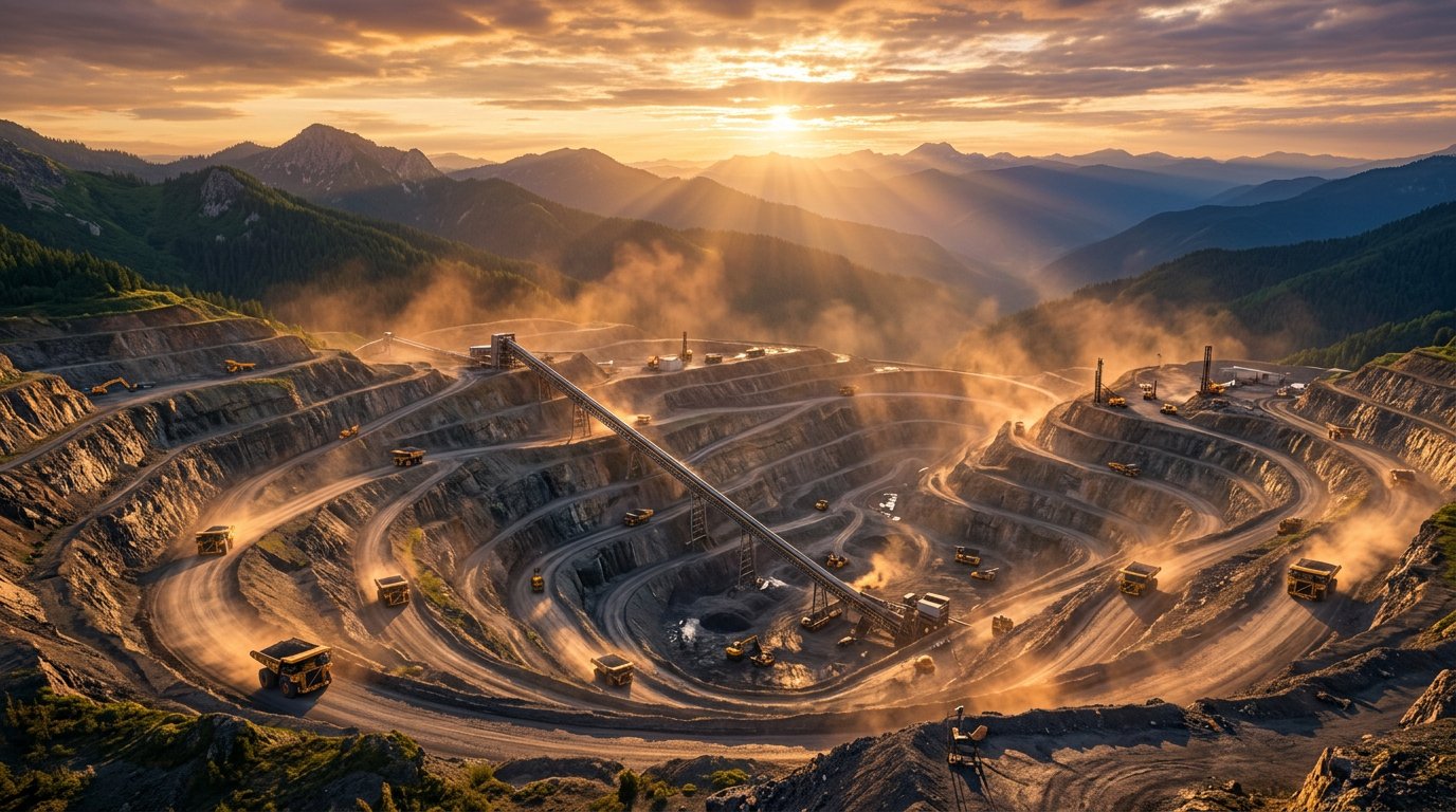 Cinematic 3D view of a terraced open-pit coal mine at golden hour