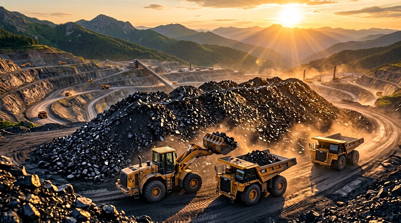 Coal stockpile with loader and haul trucks in a 3D render