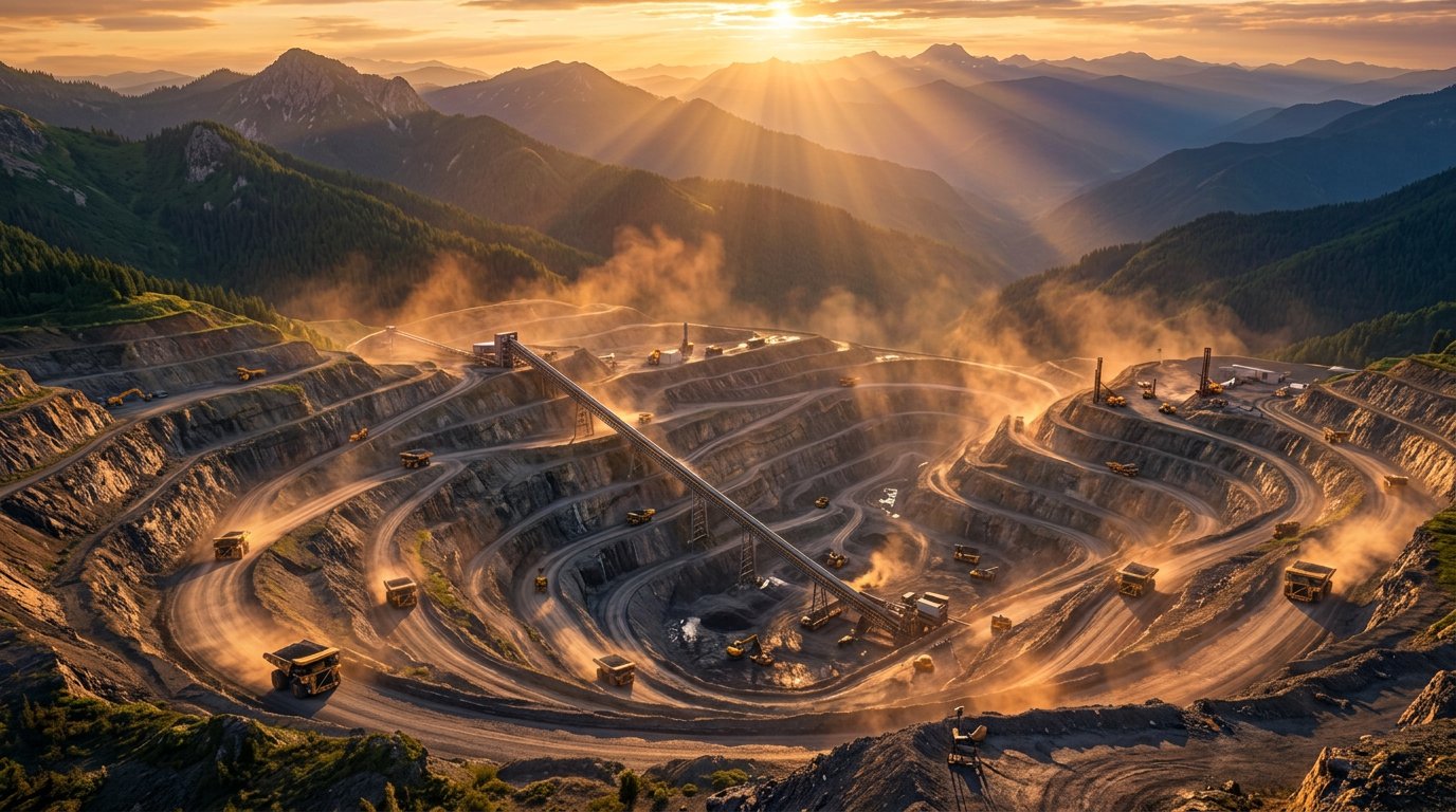Aerial 3D view of the complete terraced open-pit coal mine