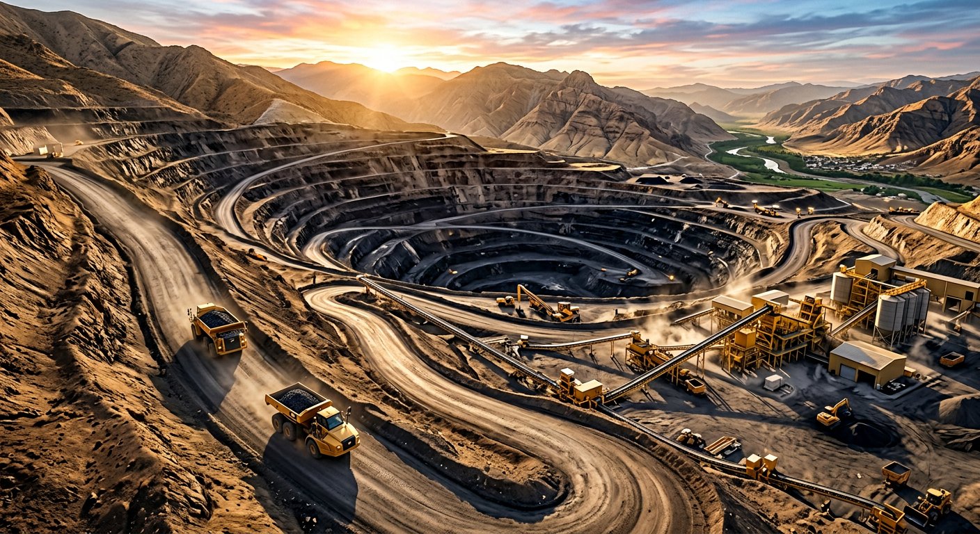 Aerial 3D render of a terraced mountain coal mine at sunrise