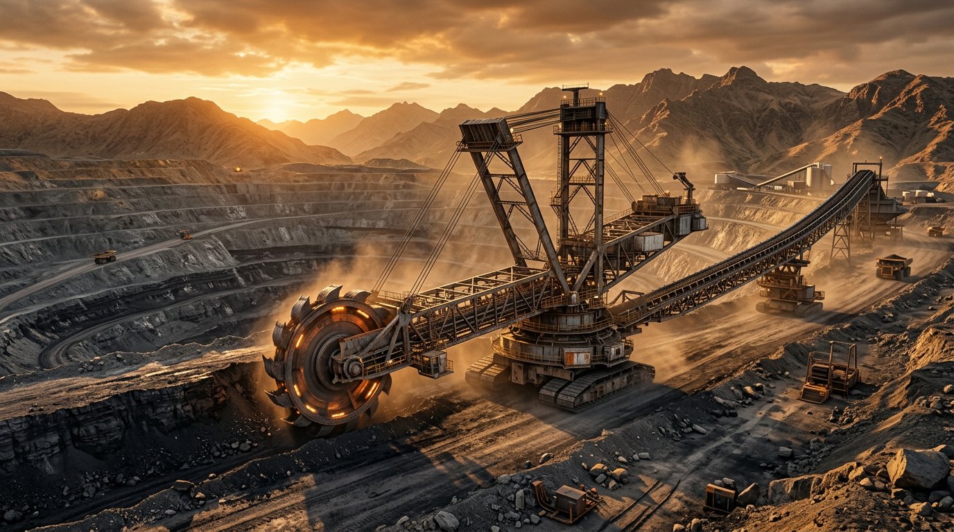 3D render of a bucket-wheel excavator cutting a coal bench at sunset