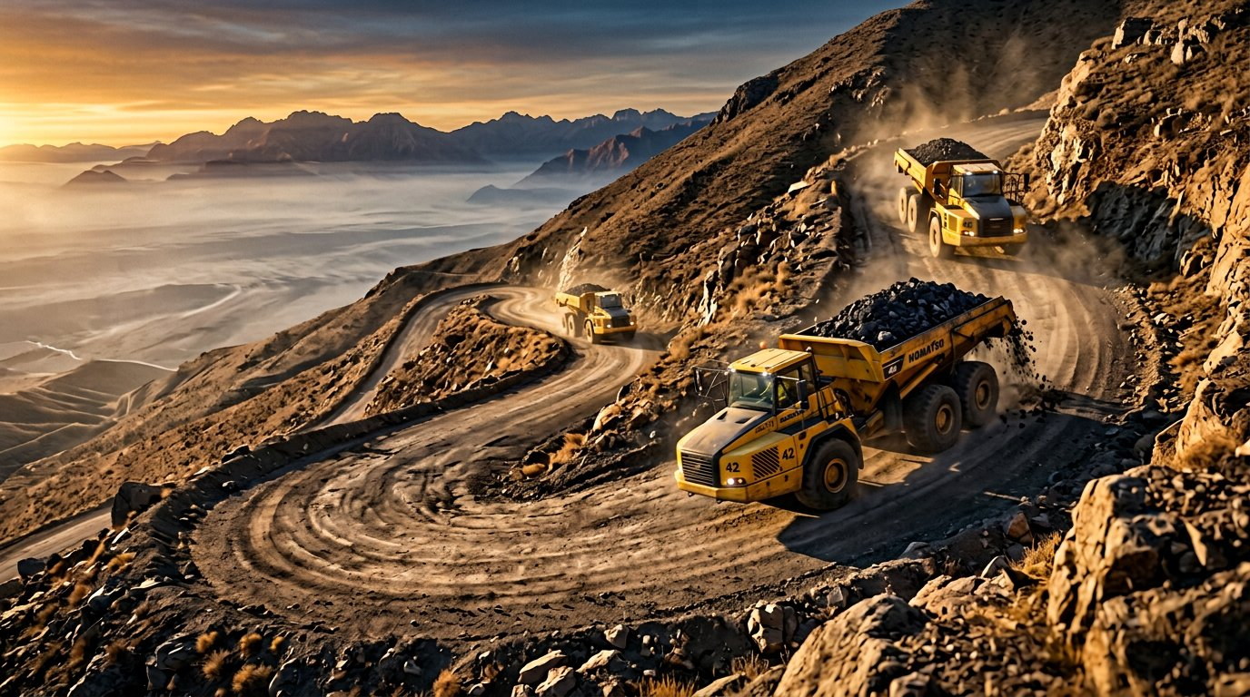 3D render of loaded haul trucks on a mountain coal haul road at dawn