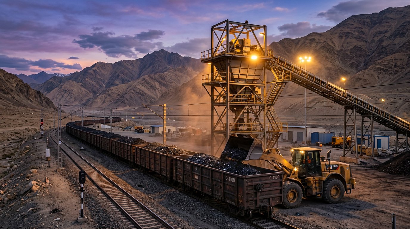 3D render of coal wagons being loaded at a mountain railhead at dusk