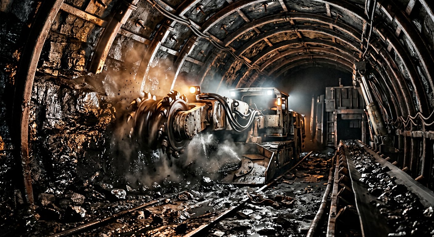 3D render of a longwall shearer cutting coal inside an underground mine tunnel