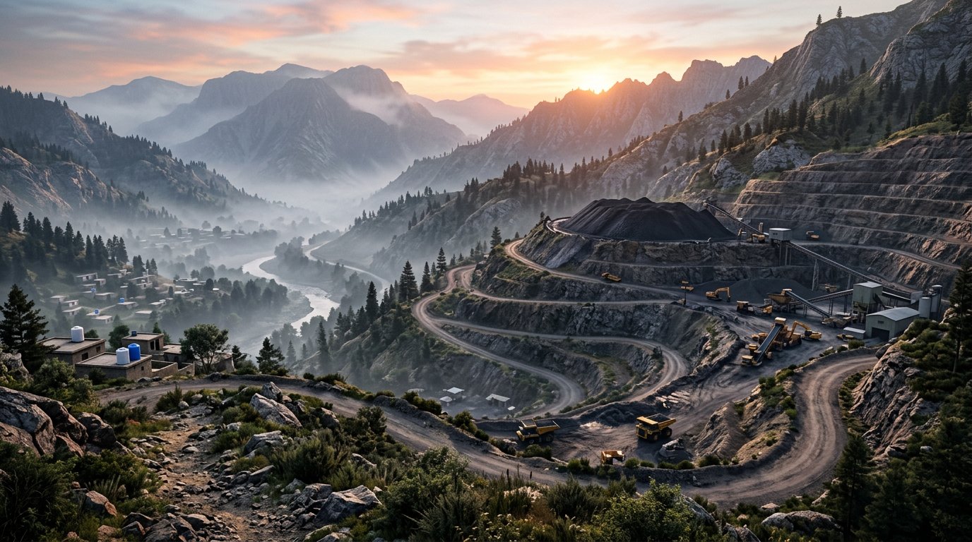 Cinematic 3D view of a hillside coal mine at dawn in the Darra Adam Khel valley