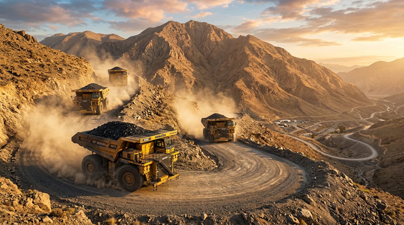 3D visualization of coal trucks on a mountain mine road