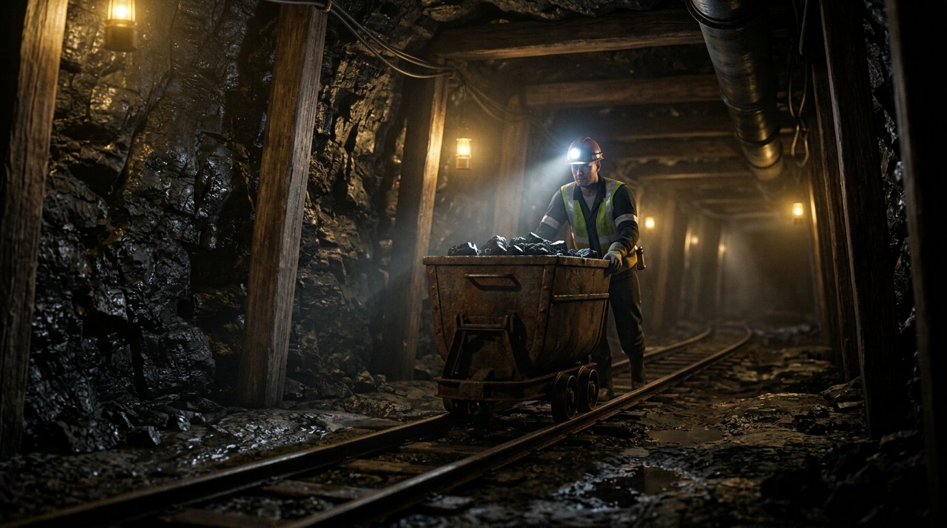 Mining equipment working in terraced rocky terrain
